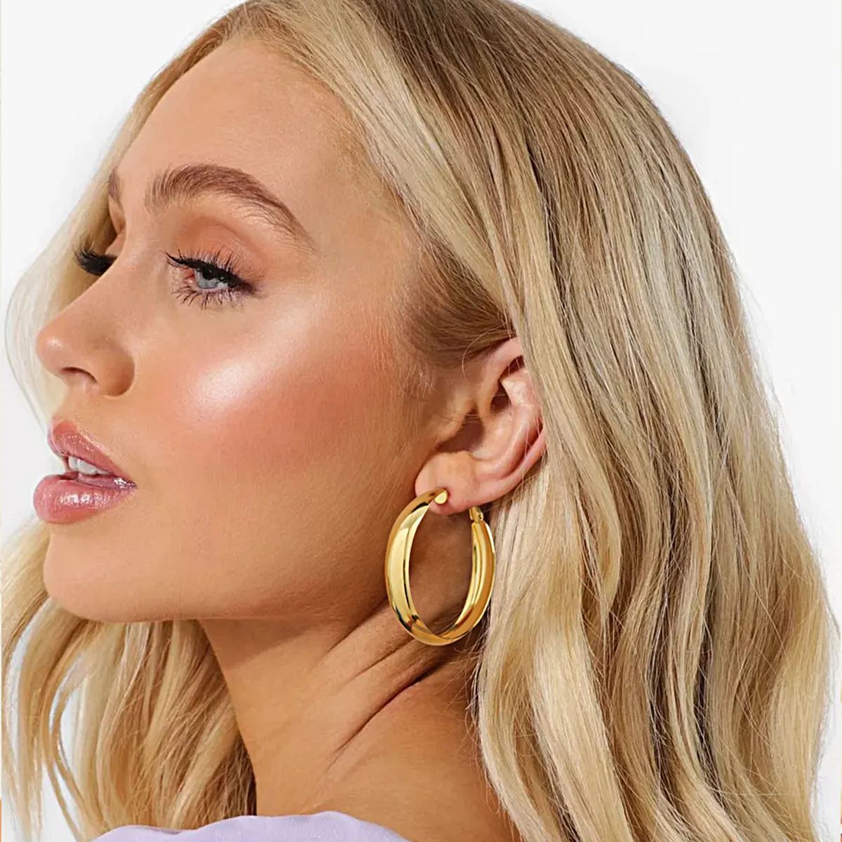 Chunky Hoop Earrings for Women Simple Polished Thick Ear Jewelry model gold
