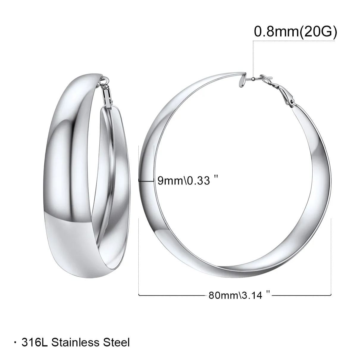 Chunky Hoop Earrings for Women Simple Polished Thick Ear Jewelry 80mm size