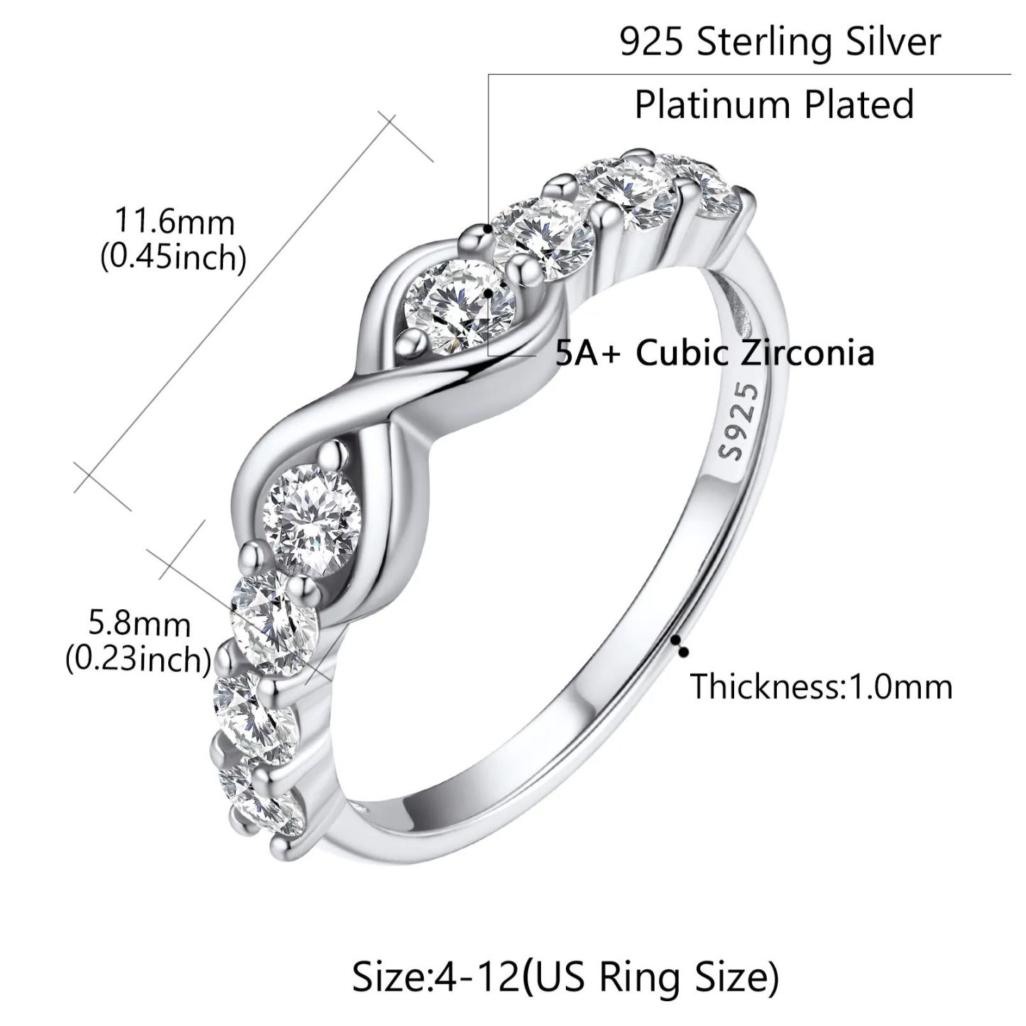 Sterling Silver Infinity Rings Cubic Zirconia Rings size