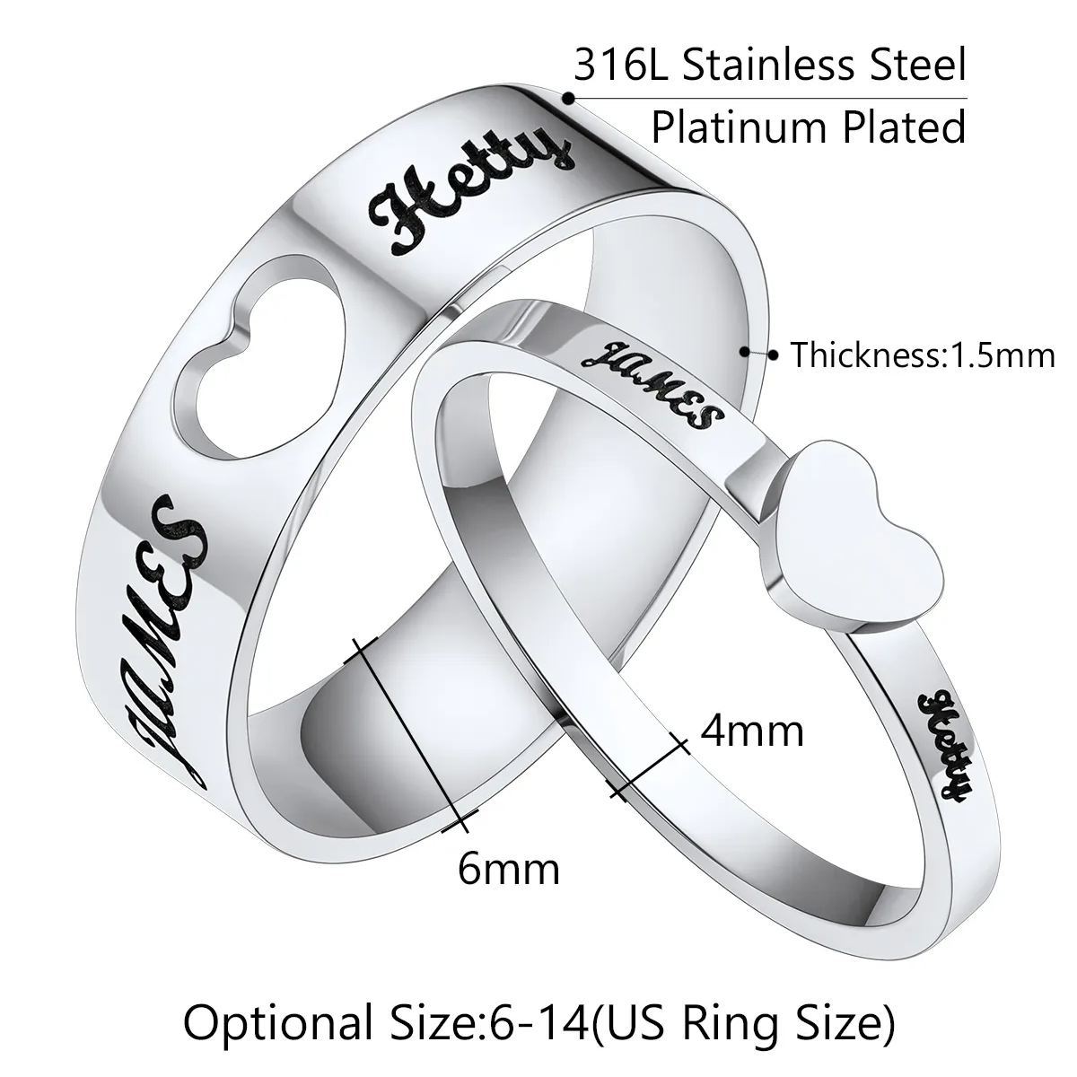  Custom Engraved Name Matching Heart Promise Rings for Couples detail