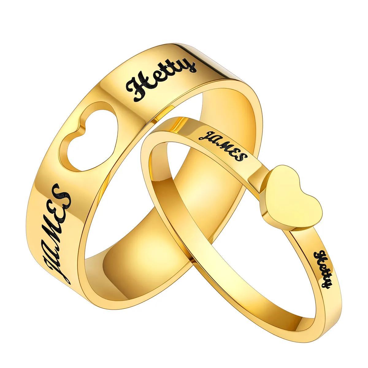  Custom Engraved Name Matching Heart Promise Rings for Couples gold