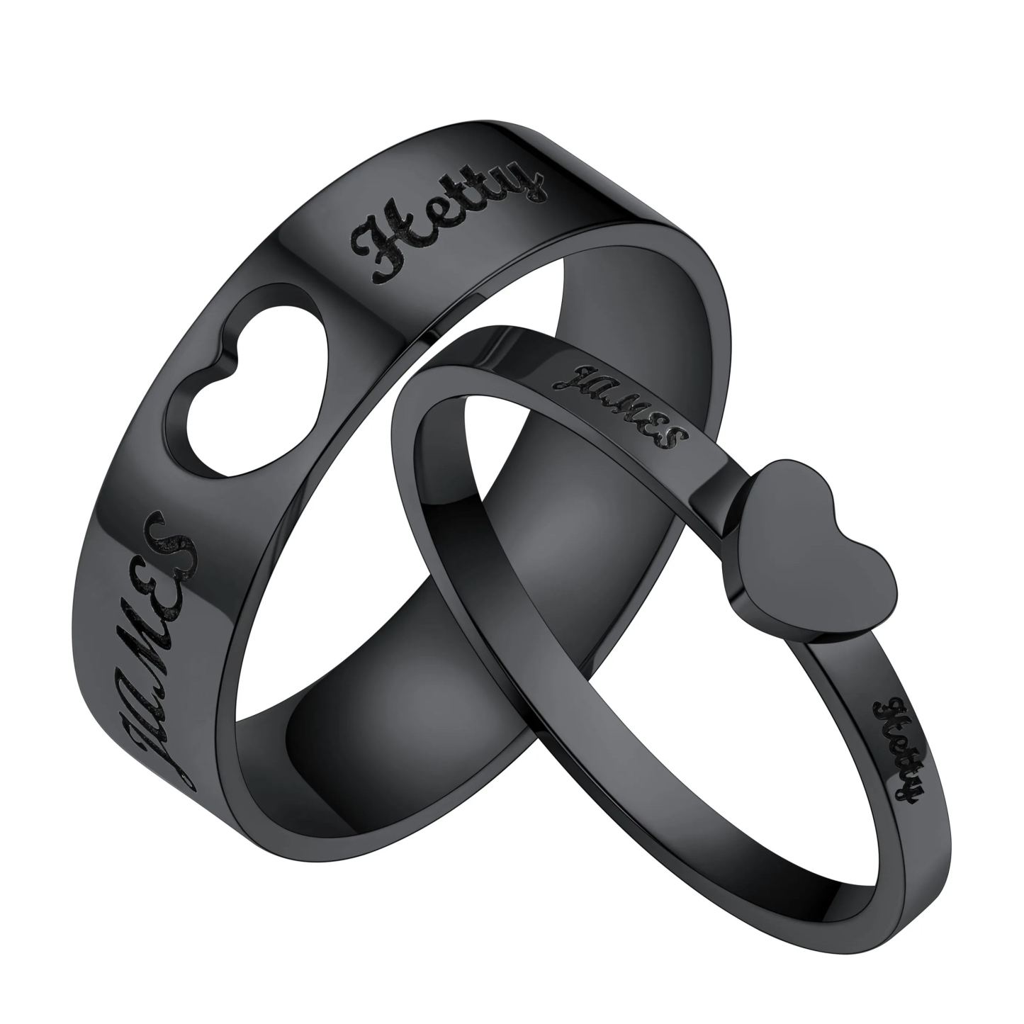  Custom Engraved Name Matching Heart Promise Rings for Couples black