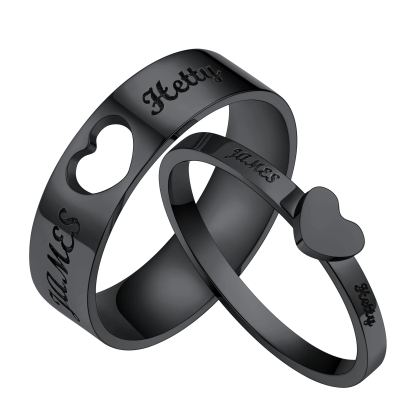  Custom Engraved Name Matching Heart Promise Rings for Couples black