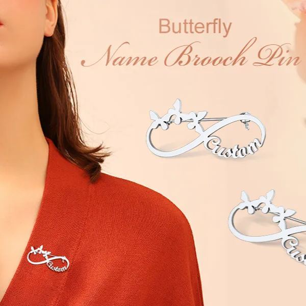 Custom Made Infinity Name Tag Pins for Women Butterfly silver