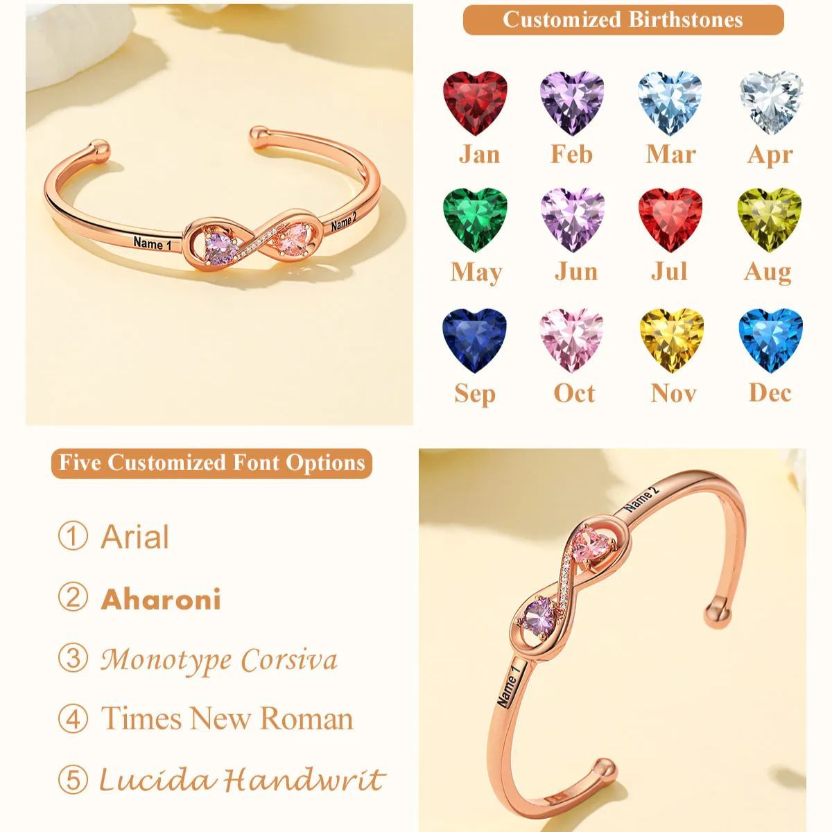 Personalized Birthstone Engraved Name Infinity Bracelets for Women  detail