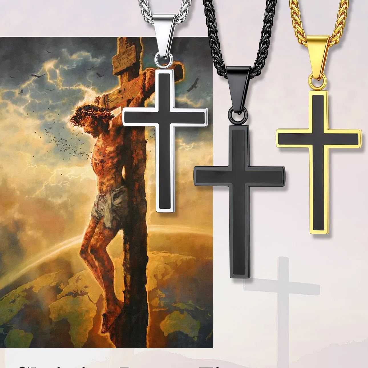 Custom Engravable Cross Necklace for Men With Wheat Chain