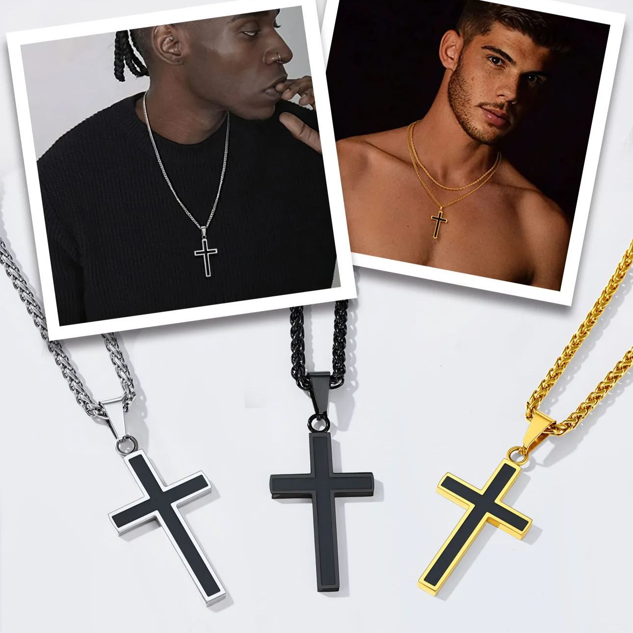Custom Engravable Cross Necklace for Men With Wheat Chain