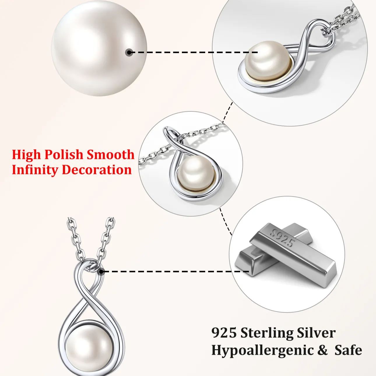 Sterling Silver Infinity Pearl Necklaces for Women DETAIL