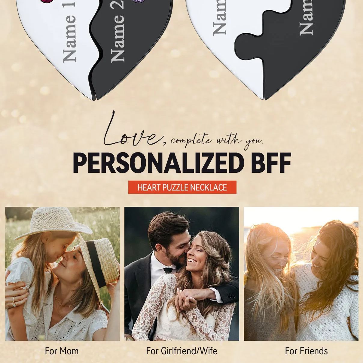  Personalized Birthstone Engraved Puzzle Necklace for Couple gift