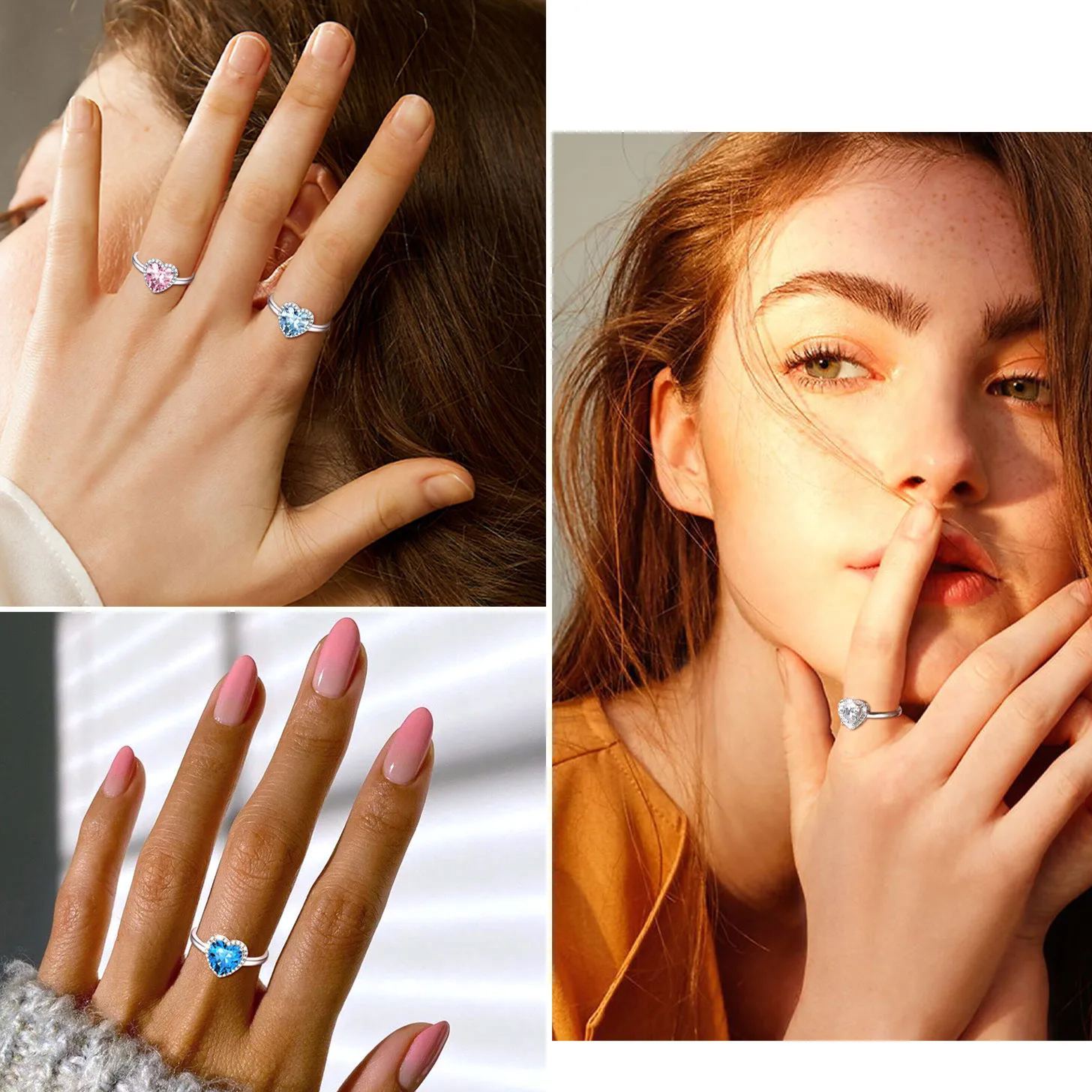 925 Sterling Silver Heart Halo Birthstone Adjustable Rings model show