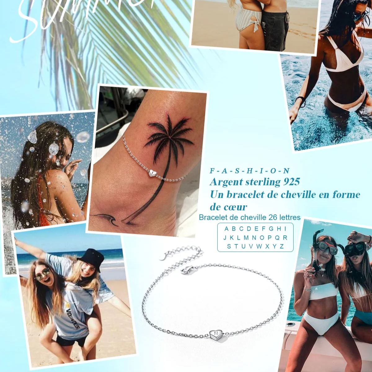 925 Sterling Silver Initial Anklets Heart Ankle Bracelet For Women  beach