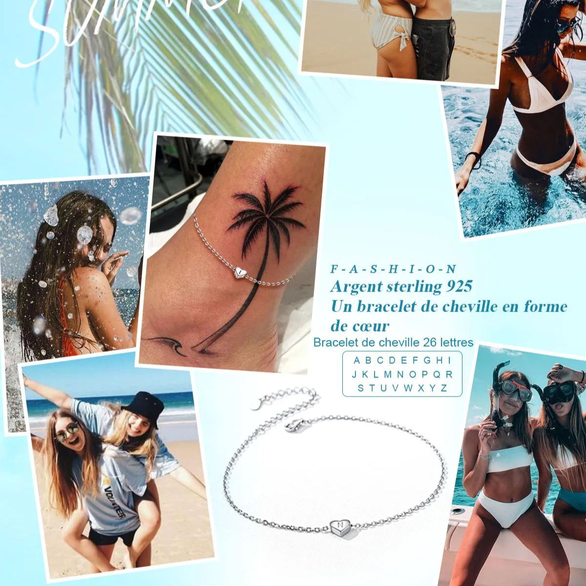 925 Sterling Silver Initial Anklets Heart Ankle Bracelet For Women  beach