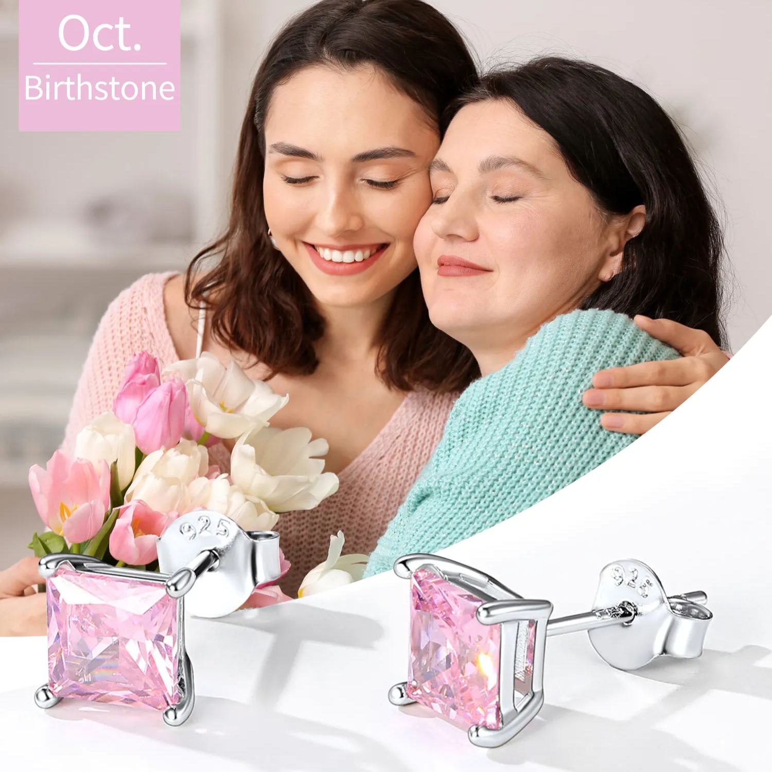 oct 925 Sterling Silver Birthstone Princess Cut Stud Earrings for Women