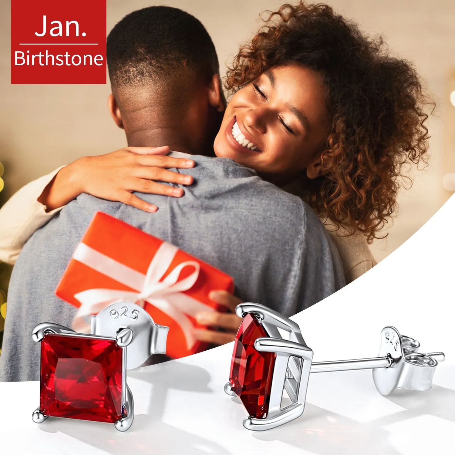 jan 925 Sterling Silver Birthstone Princess Cut Stud Earrings for Women