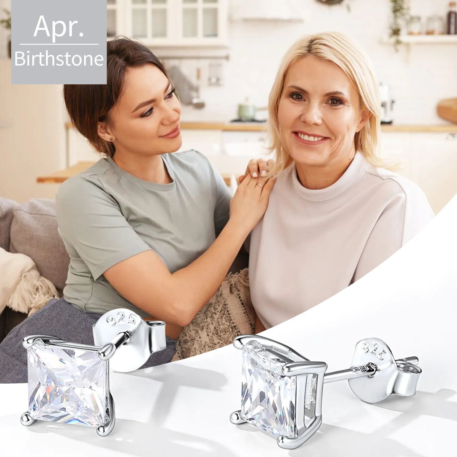 apr 925 Sterling Silver Birthstone Princess Cut Stud Earrings for Women