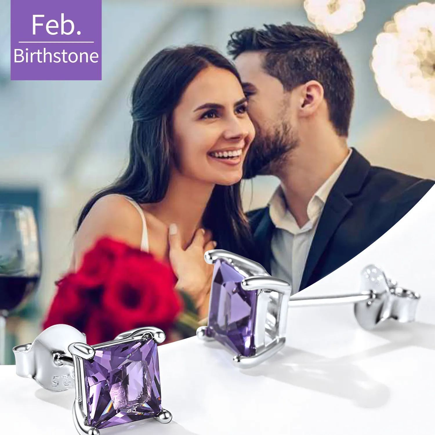 feb 925 Sterling Silver Birthstone Princess Cut Stud Earrings for Women