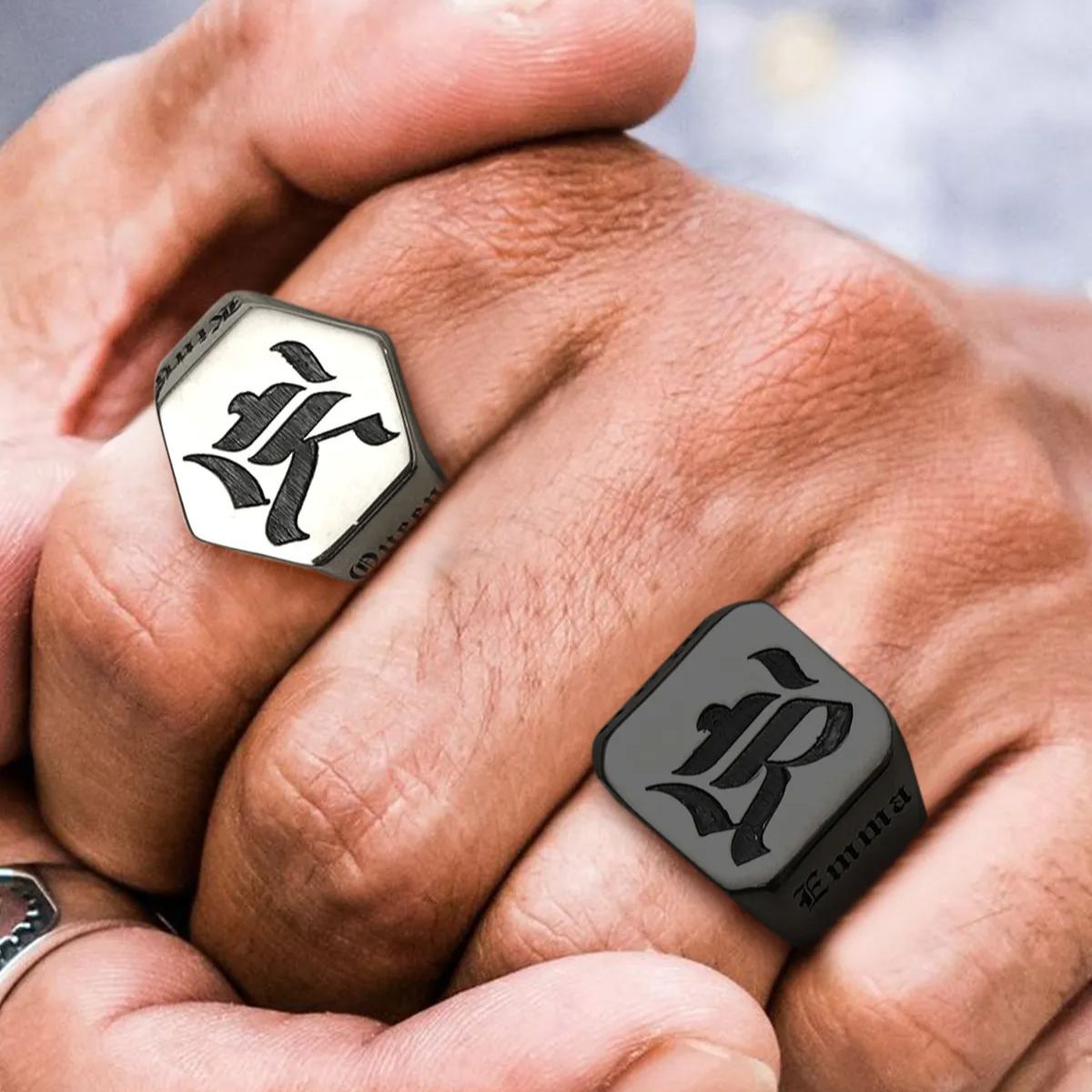 Personalized Engraved Hexagon Rings for Men model