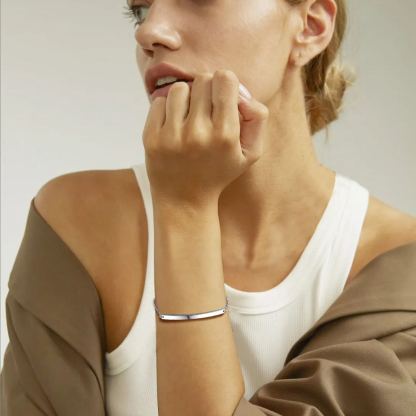 Custom Name Engraved Silver Bar Bracelet for Women model