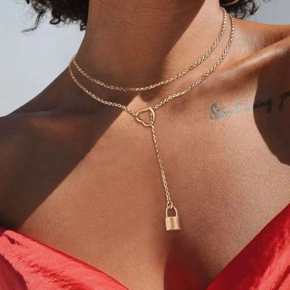 Personalized Engraved Dainty Y Lock Necklace model gold