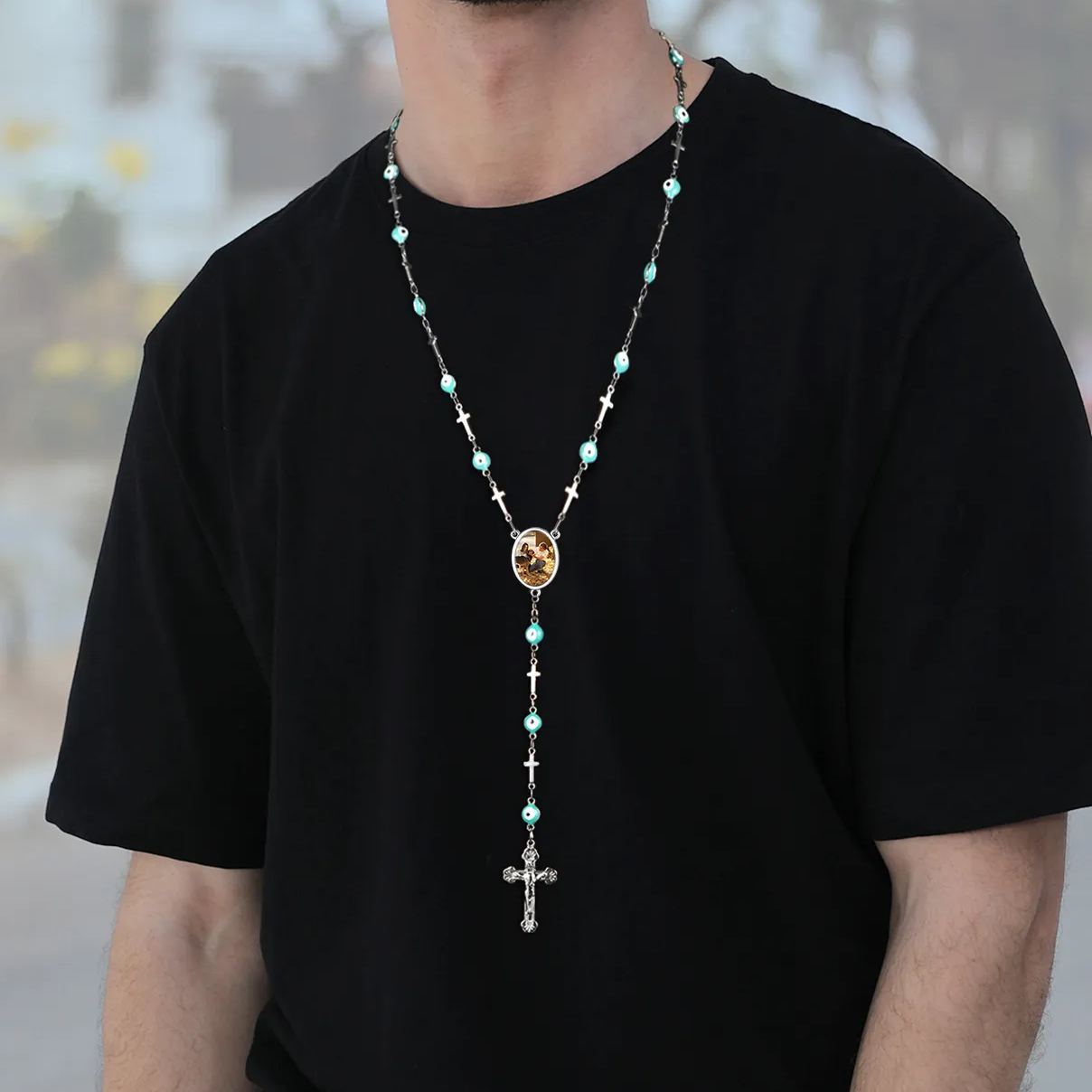 Personalized Photo Rosary Beads Catholic Cross Necklace model