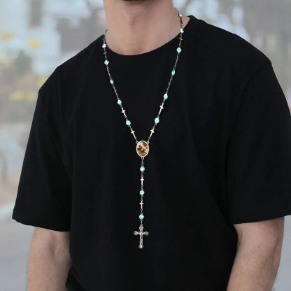 Personalized Photo Rosary Beads Catholic Cross Necklace model