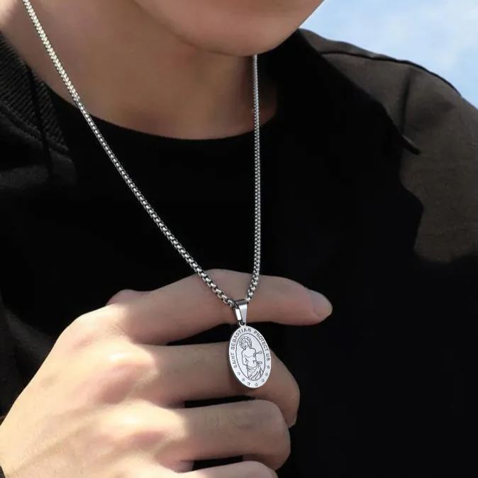 Custom Name Engraved Saint Sebastian Necklace for Women Men model
