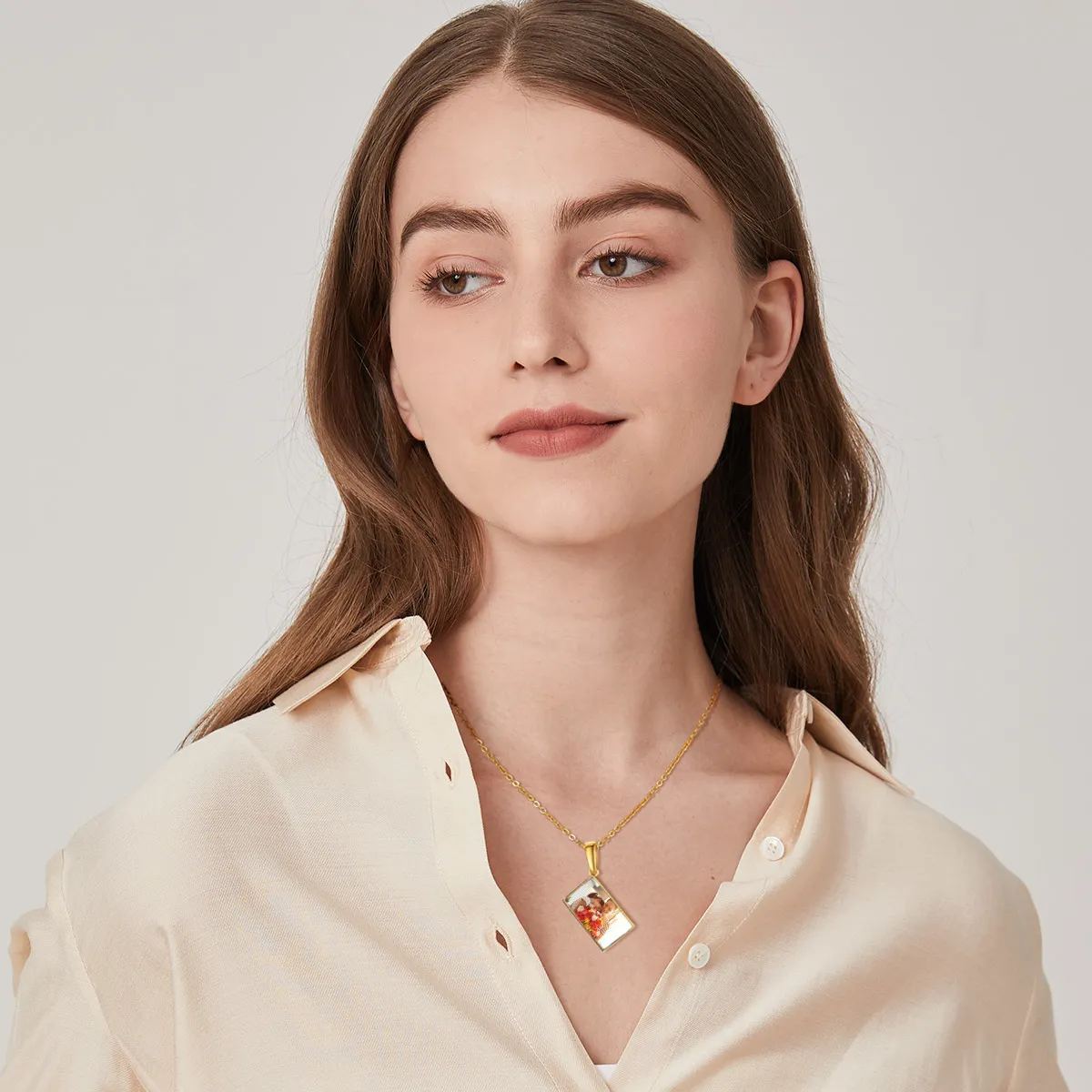 Women's Personalized Photo Envelope Necklace with Custom Birthstone model