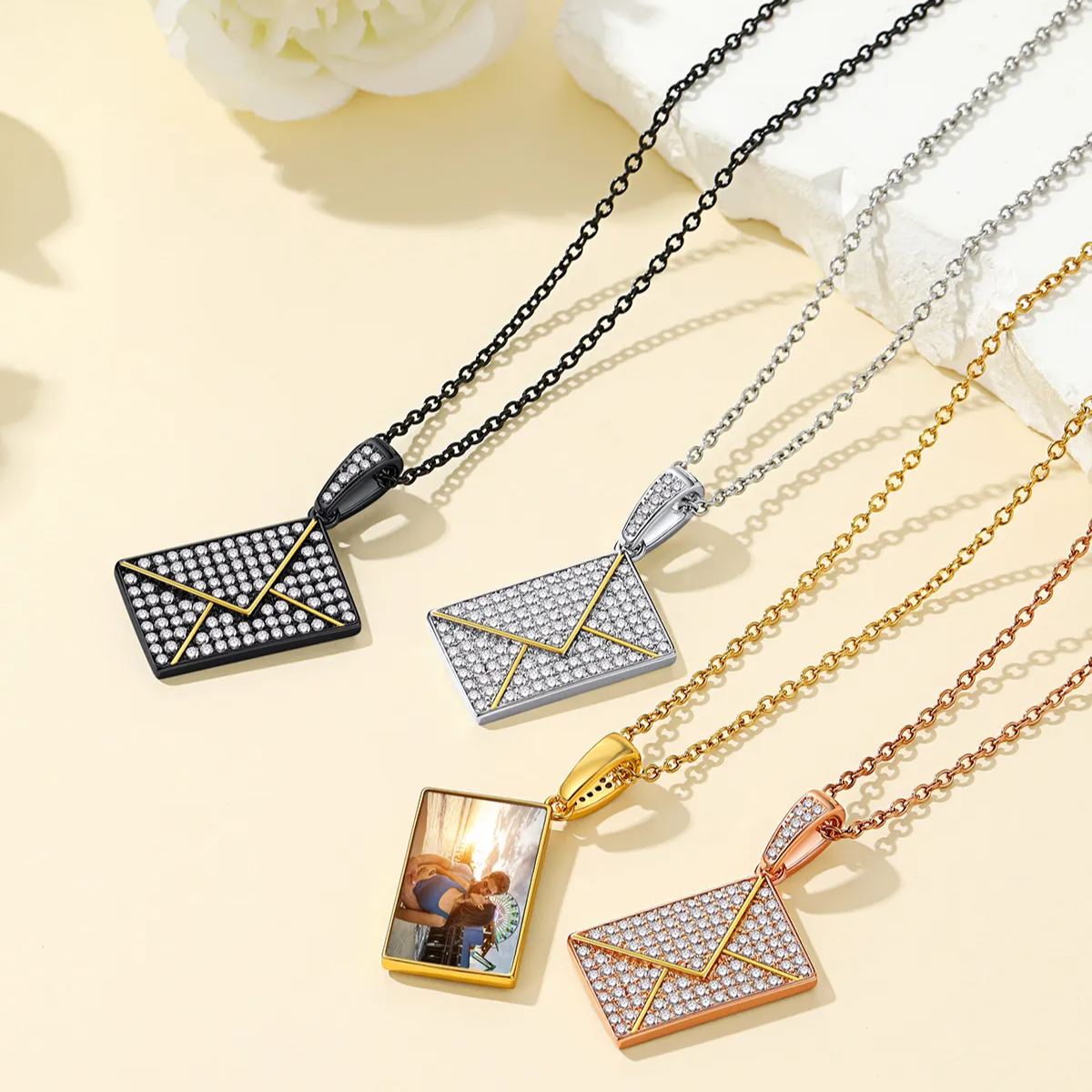 Custom Photo Necklaces for Women Envelope Pendant with Zirconia Stone collection