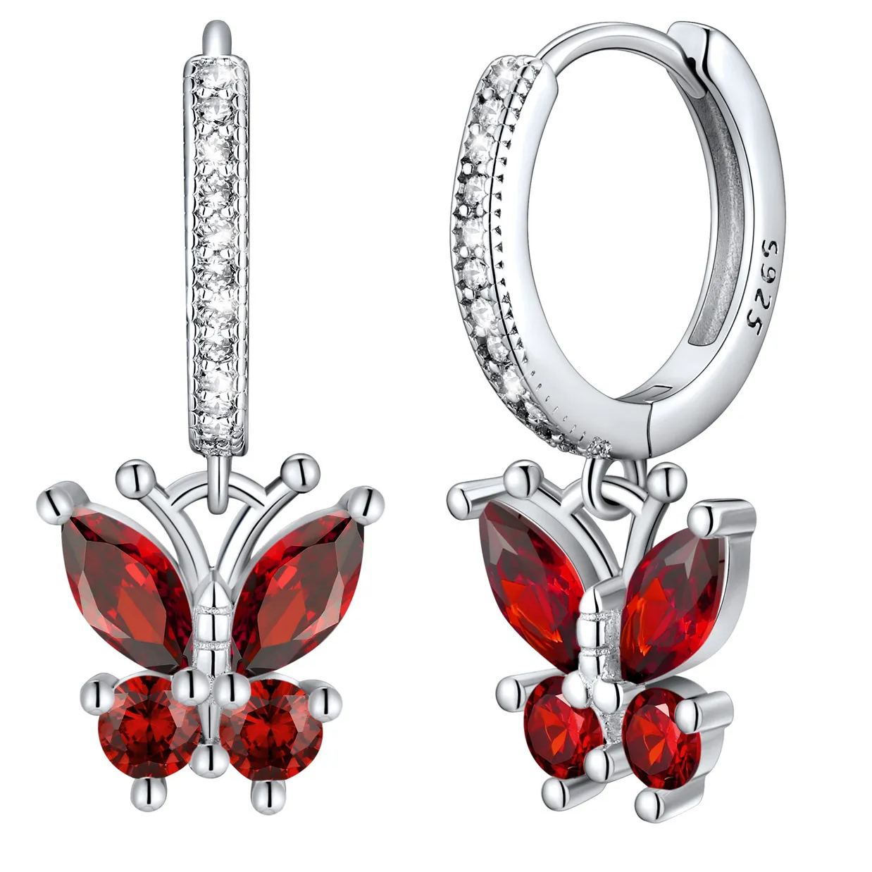 Sterling Silver Butterfly Hoop Earrings Cubic Zirconia for Women January - Garnet