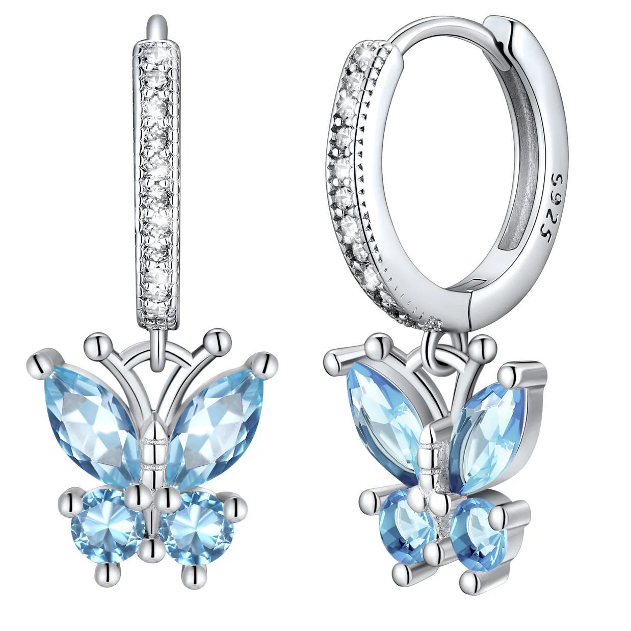 Sterling Silver Butterfly Hoop Earrings Cubic Zirconia for Women March - Aquamarine