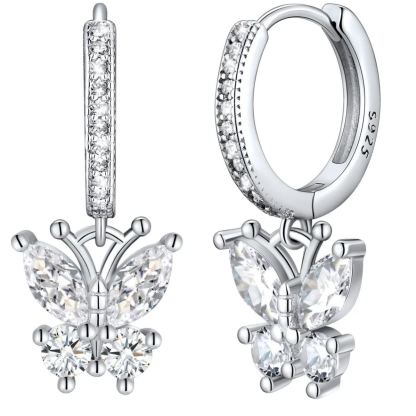 Sterling Silver Butterfly Hoop Earrings Cubic Zirconia for Women  April - Diamond