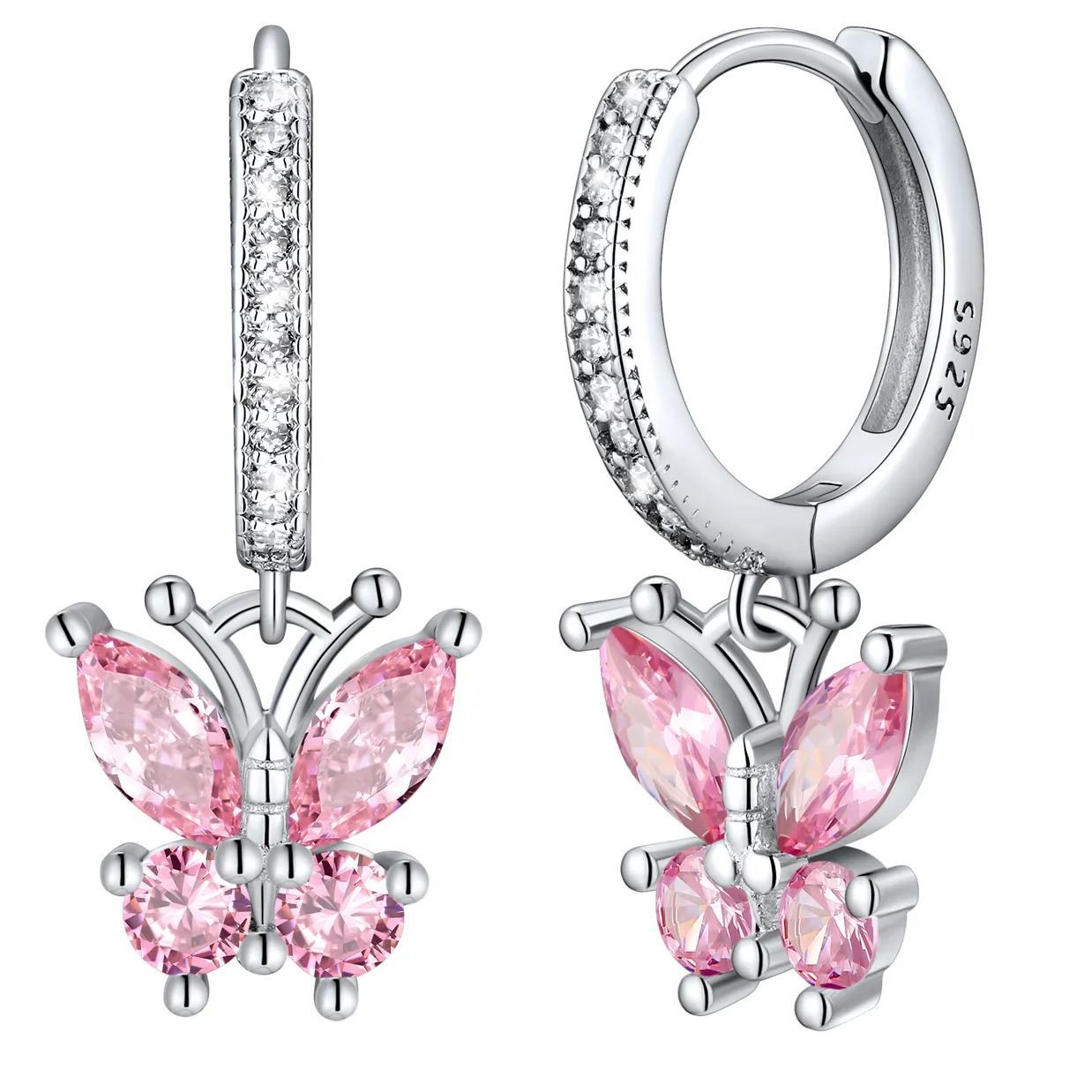 Sterling Silver Butterfly Hoop Earrings Cubic Zirconia for Women October - Tourmaline
