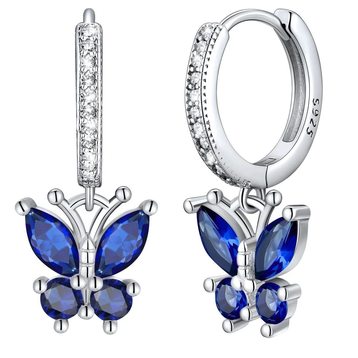 Sterling Silver Butterfly Hoop Earrings Cubic Zirconia for Women September - Sapphire