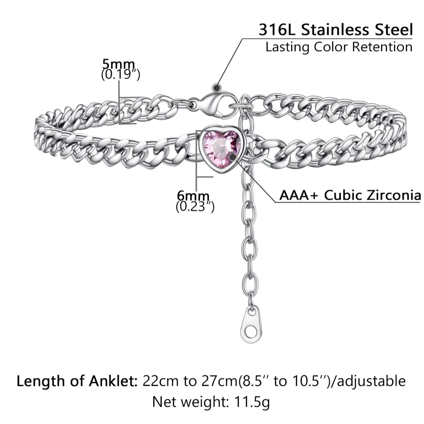 Anklet Heart Birthstone fot Women with Cuban Chain size