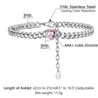 Anklet Heart Birthstone fot Women with Cuban Chain size