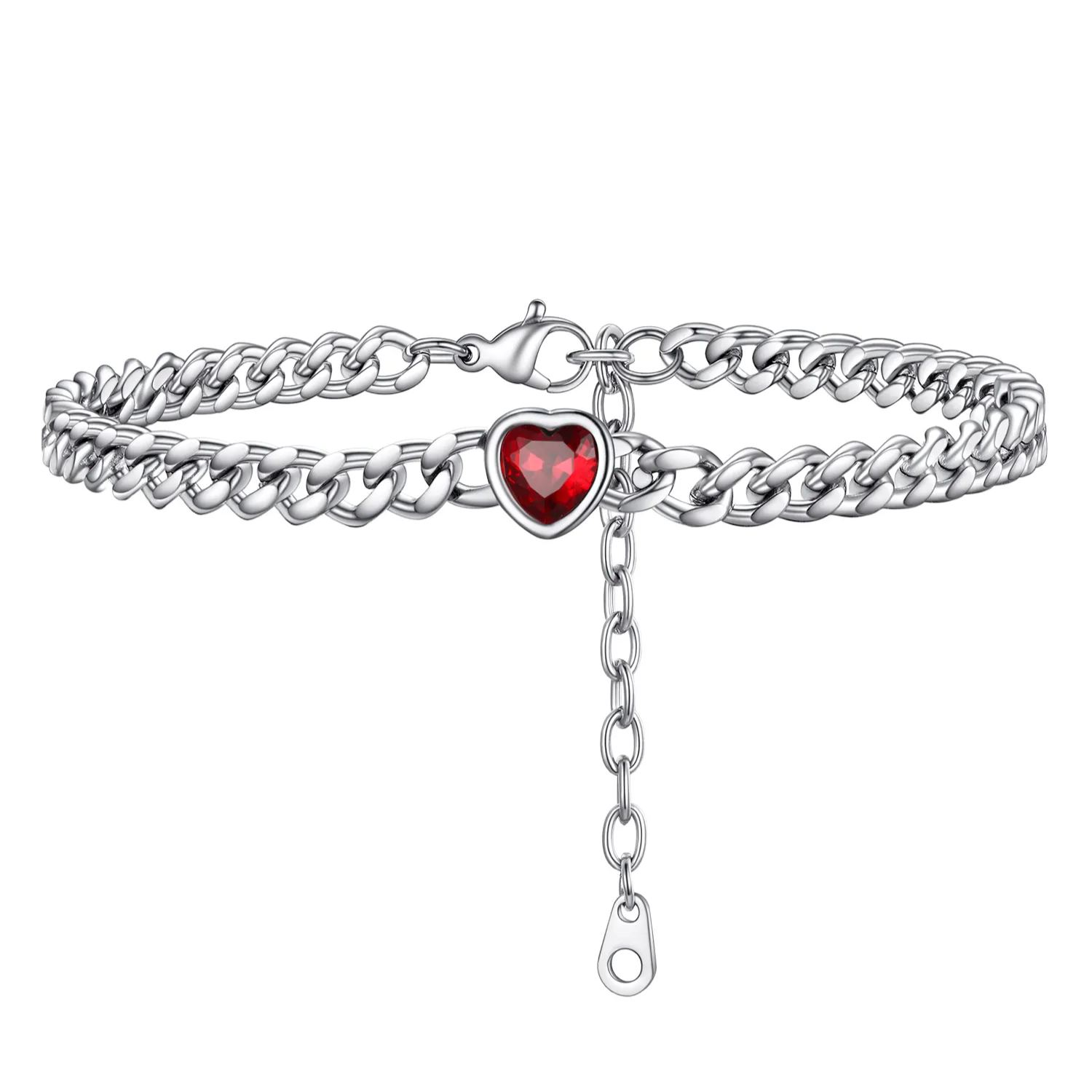 Anklet Heart Birthstone Bracelet for Women with Cuban Chain silver