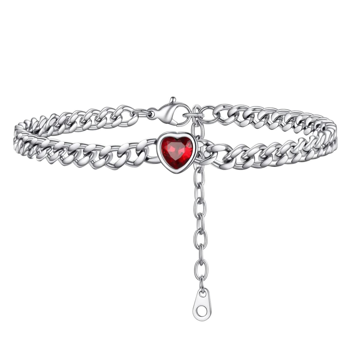 Anklet Heart Birthstone Bracelet for Women with Cuban Chain silver