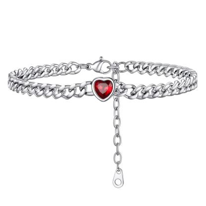 Anklet Heart Birthstone Bracelet for Women with Cuban Chain silver