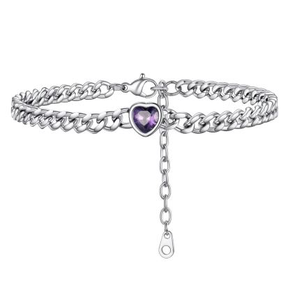 Anklet Heart Birthstone Bracelet for Women with Cuban Chain