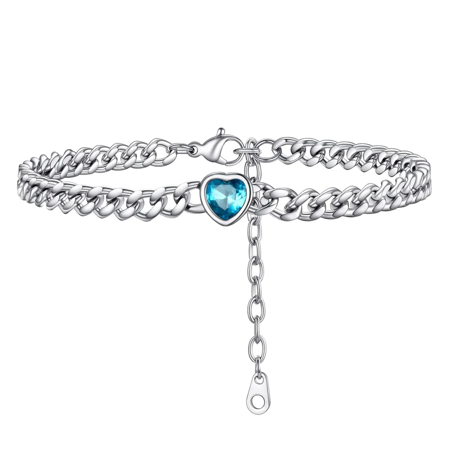 Anklet Heart Birthstone Bracelet for Women with Cuban Chain