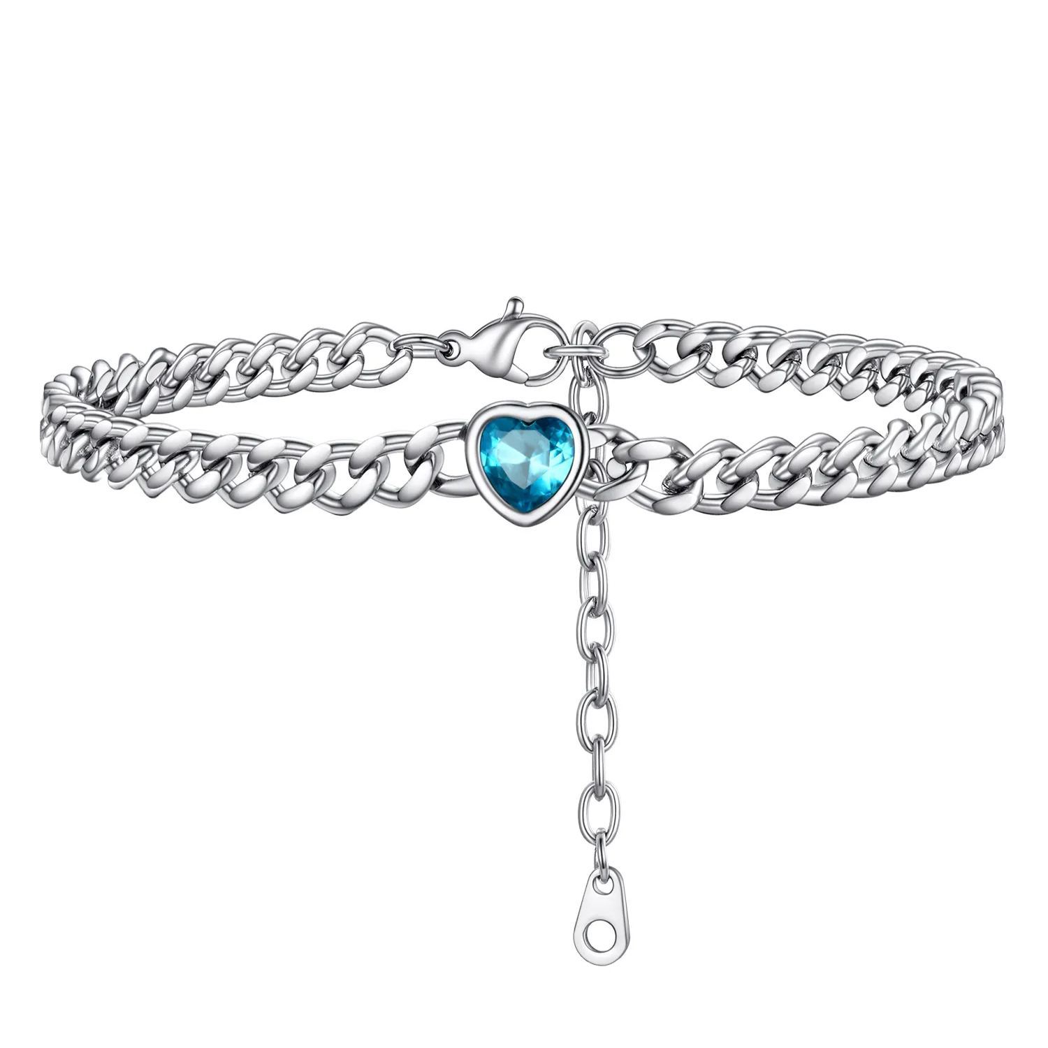Anklet Heart Birthstone Bracelet for Women with Cuban Chain