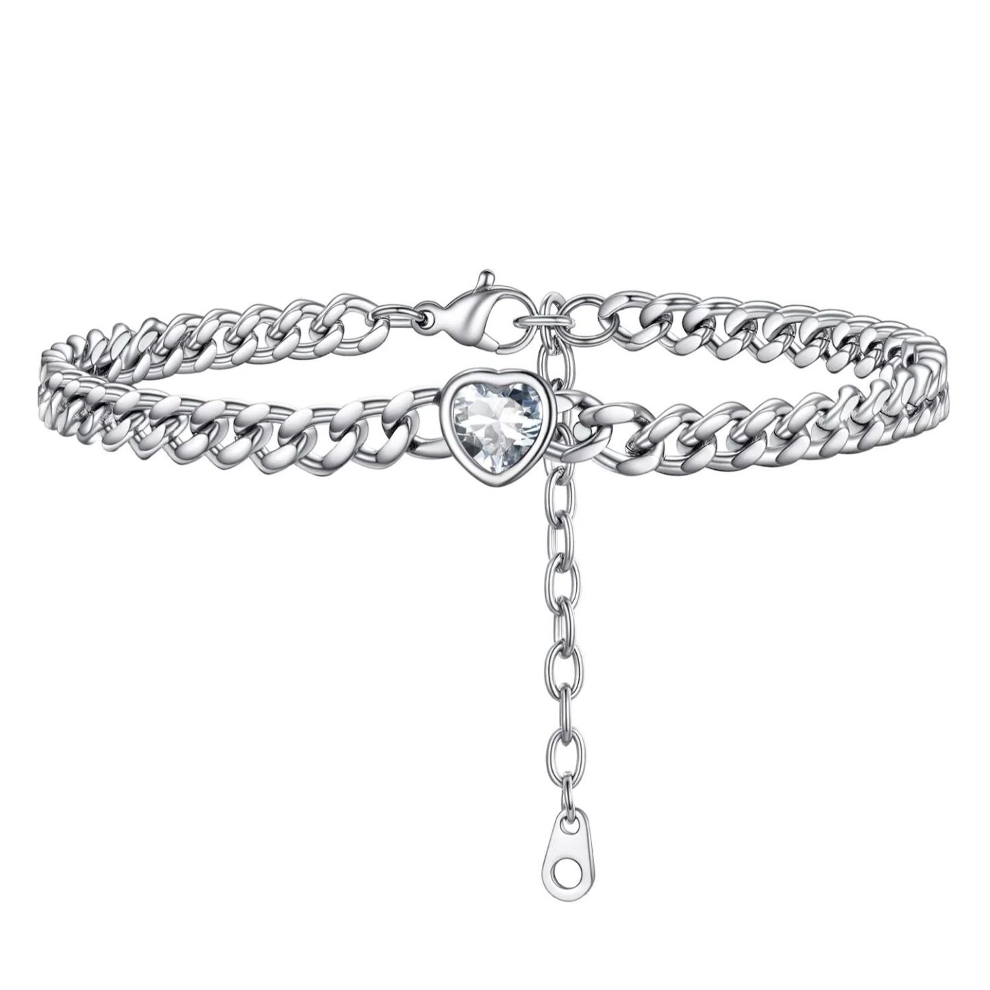 Anklet Heart Birthstone Bracelet for Women with Cuban Chain