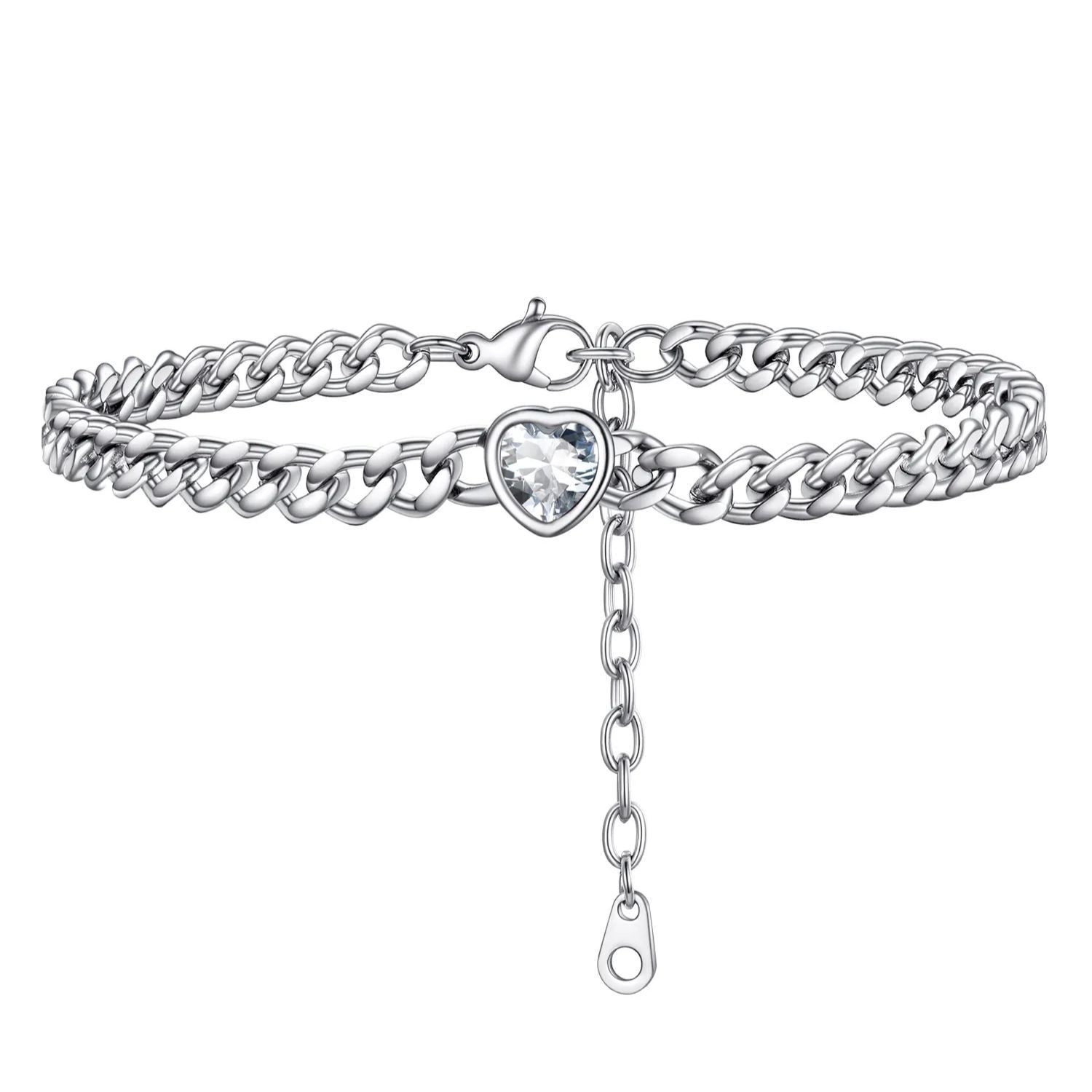 Anklet Heart Birthstone Bracelet for Women with Cuban Chain