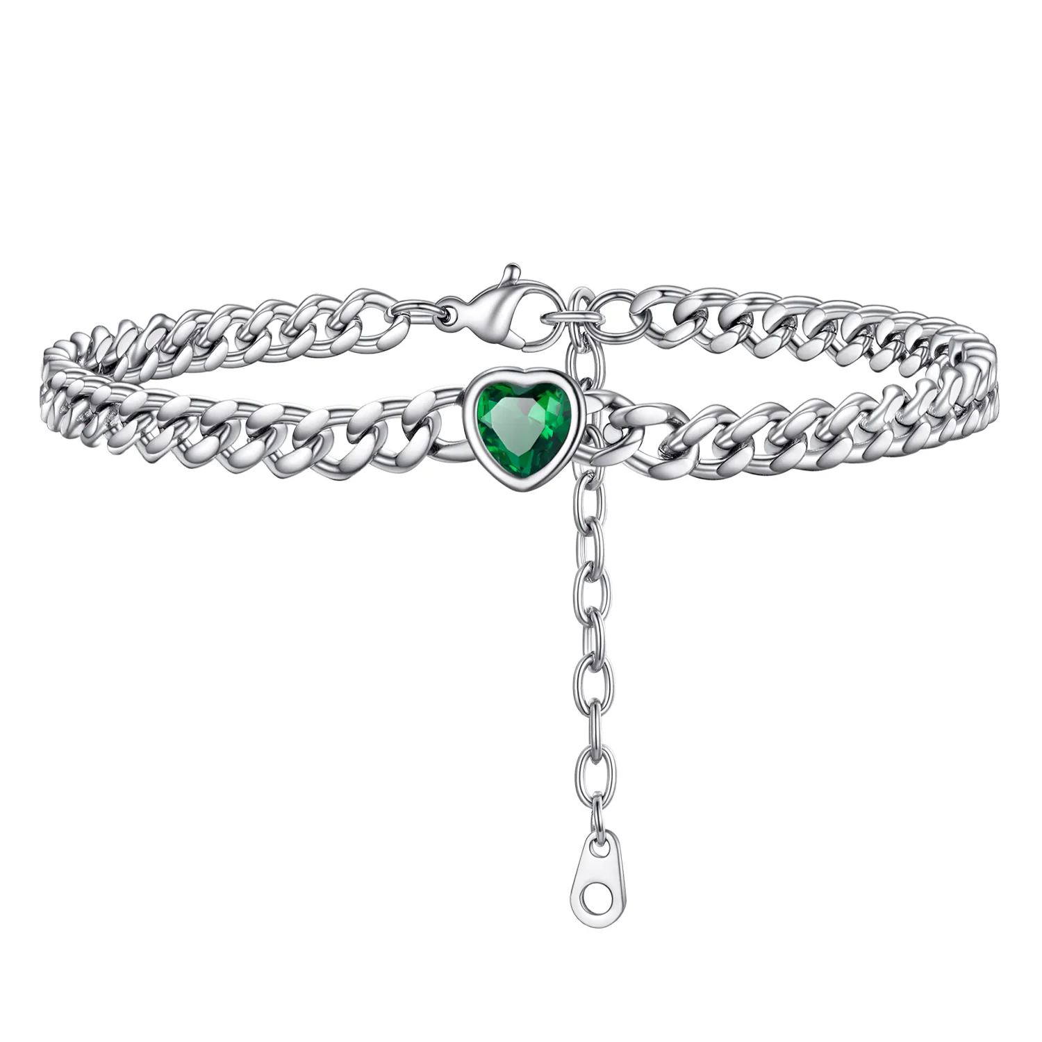 Anklet Heart Birthstone Bracelet for Women with Cuban Chain