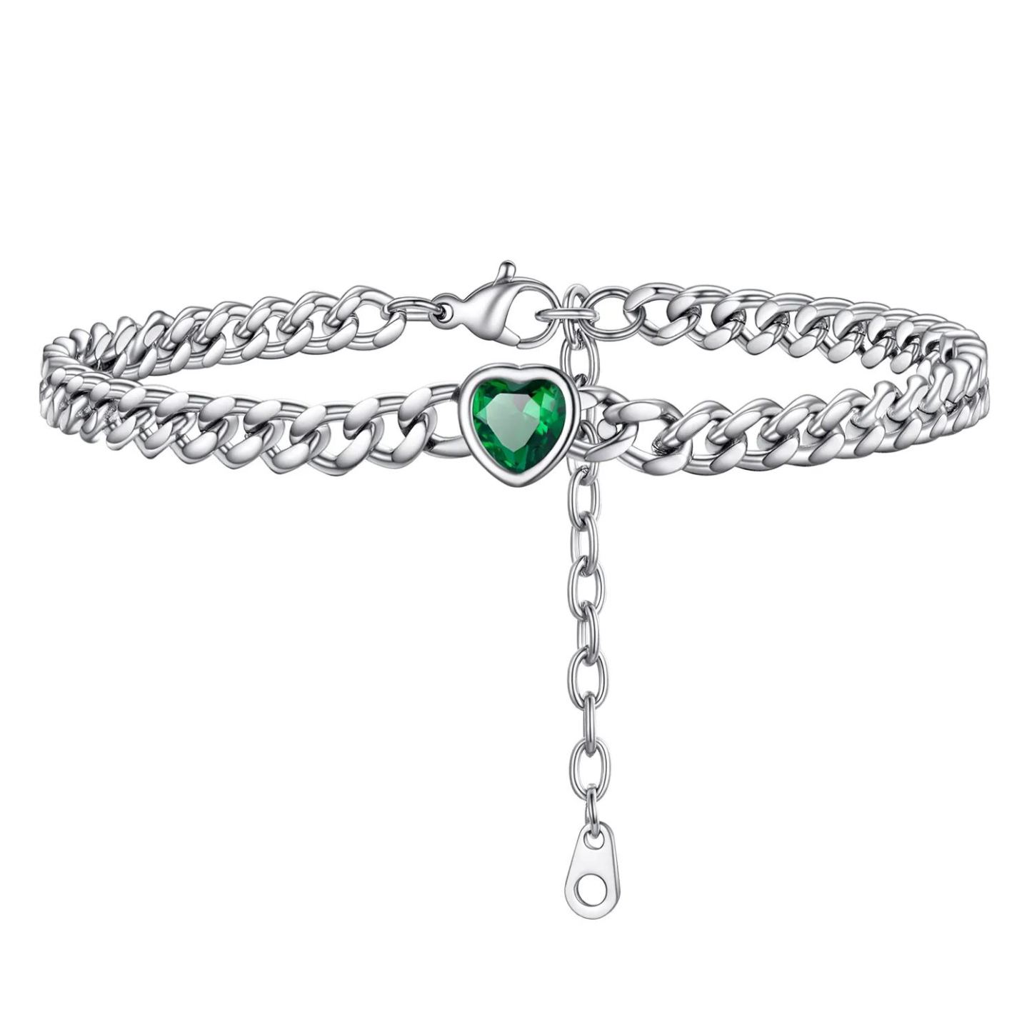 Anklet Heart Birthstone Bracelet for Women with Cuban Chain