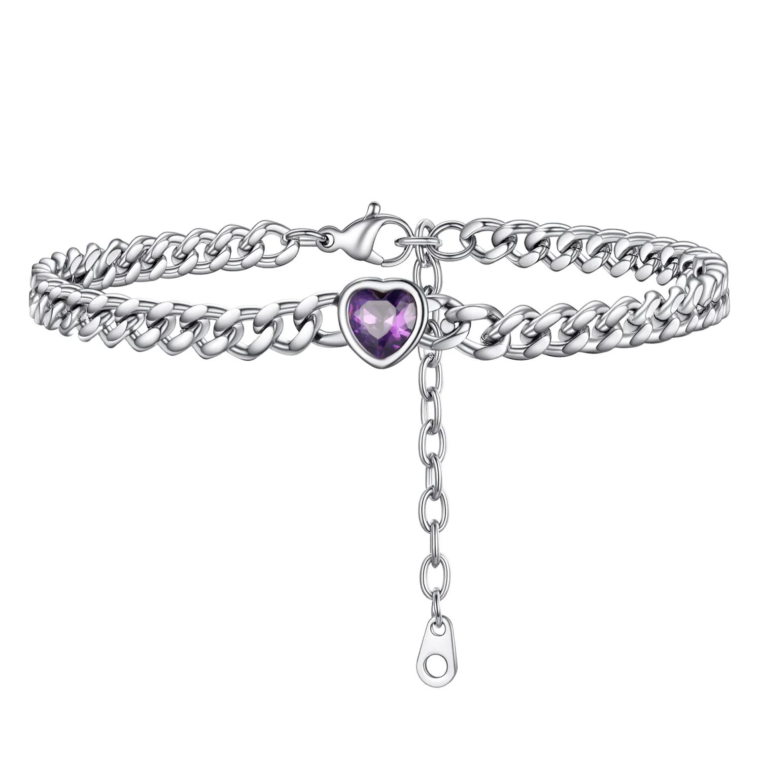 Anklet Heart Birthstone Bracelet for Women with Cuban Chain
