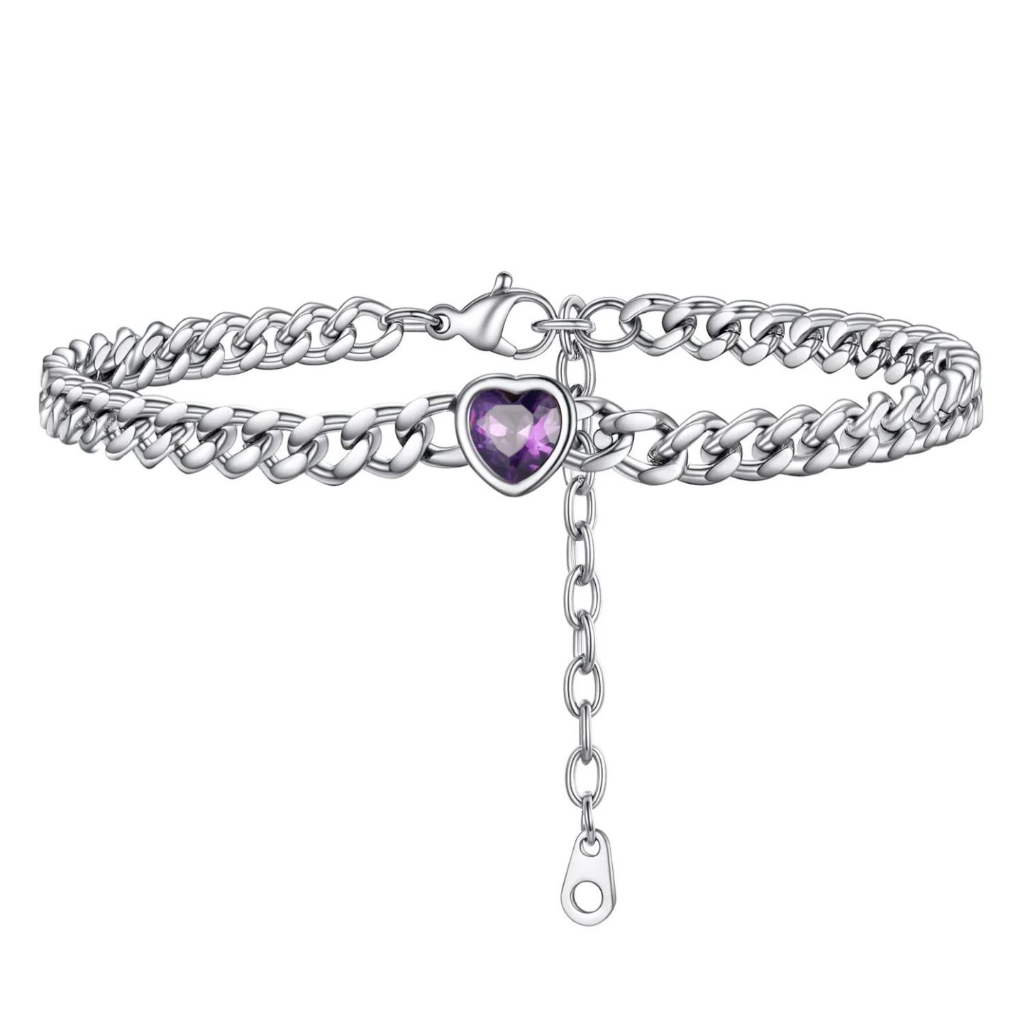 Anklet Heart Birthstone Bracelet for Women with Cuban Chain