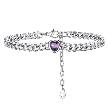 Anklet Heart Birthstone Bracelet for Women with Cuban Chain