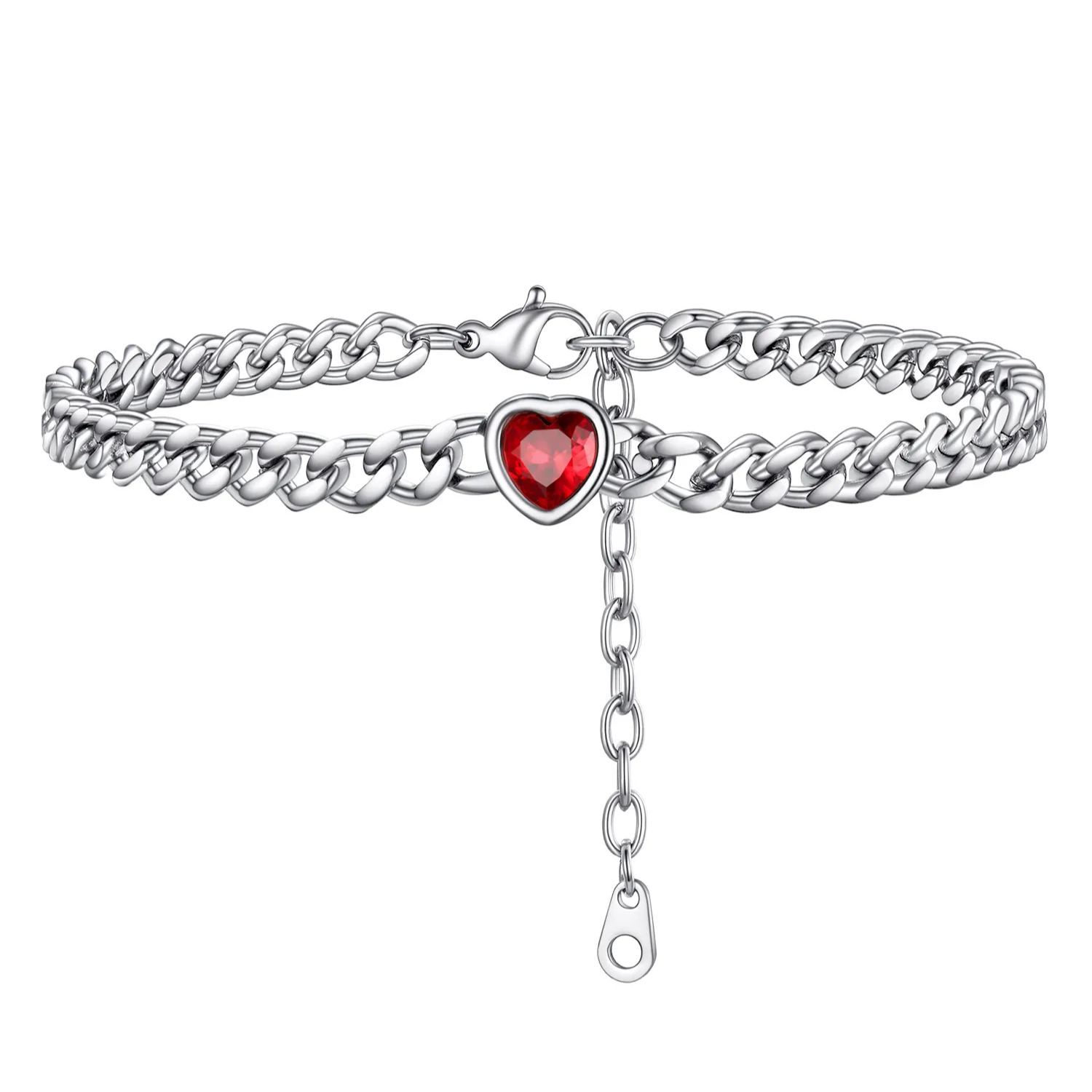 Anklet Heart Birthstone Bracelet for Women with Cuban Chain