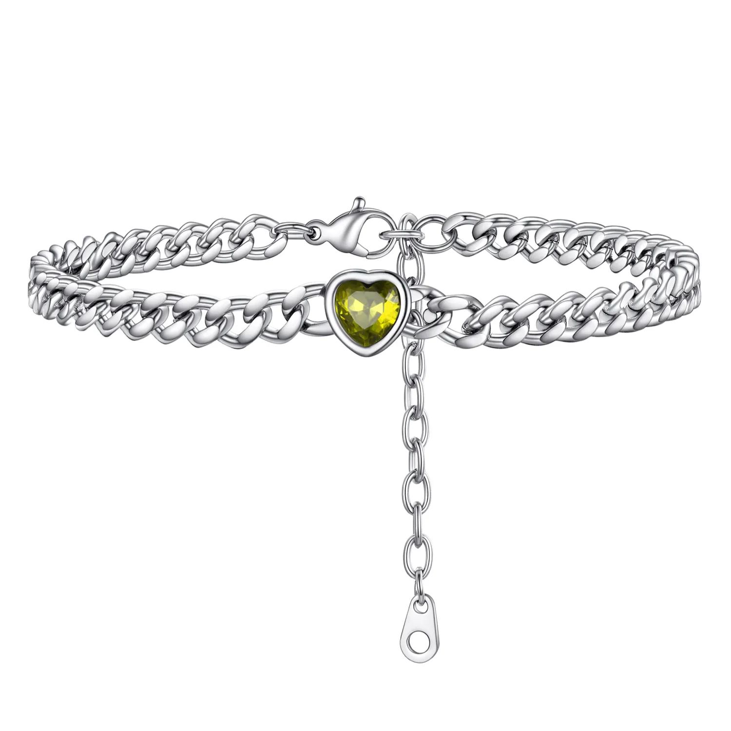 Anklet Heart Birthstone Bracelet for Women with Cuban Chain